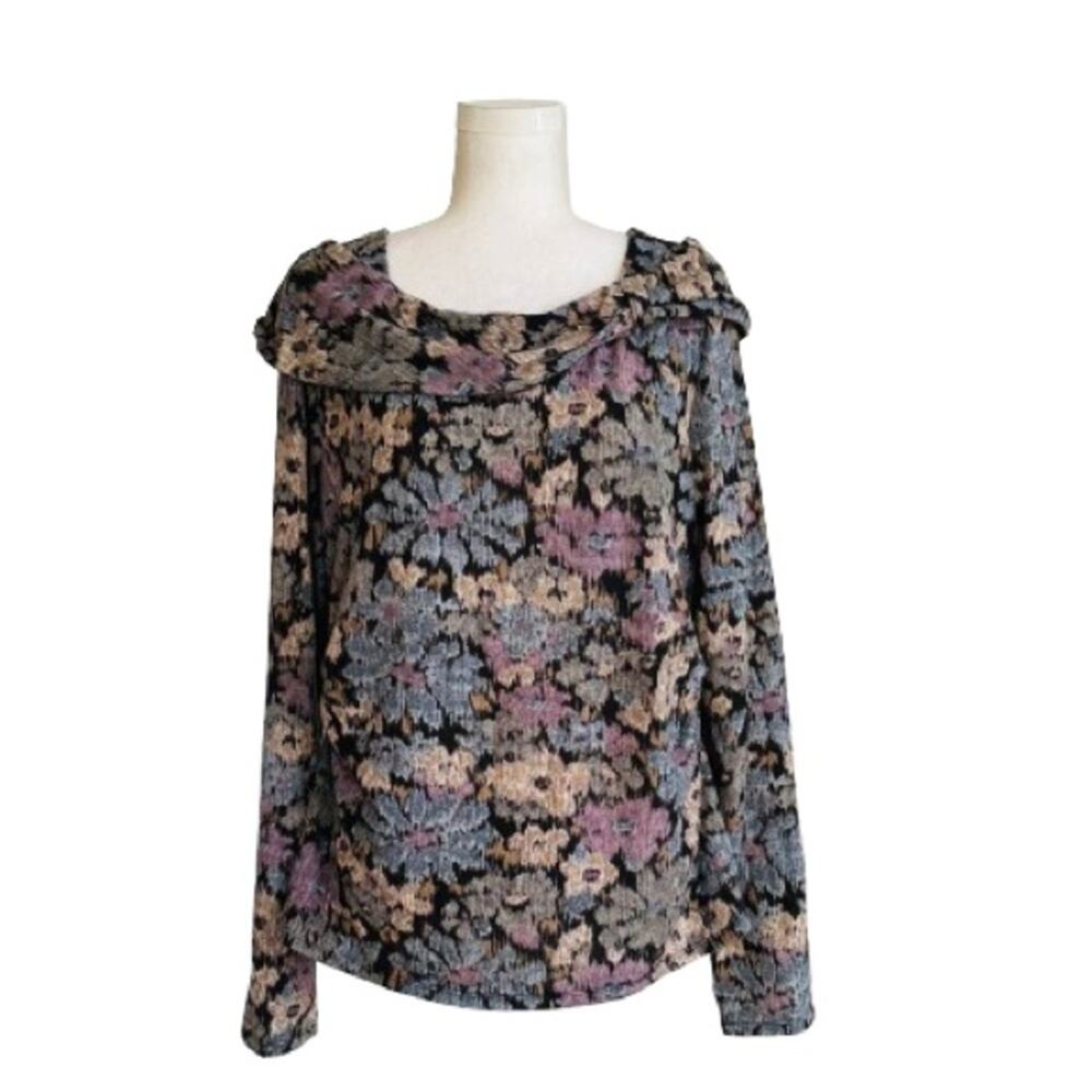 Rafaella Blue Black Lavender Floral Boat Neck Cowl Sweater Top Shirt Size XL